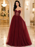 Burgundy Strapless Sweetheart Sheer Corset Tulle A-Line Floor Length Gown front view