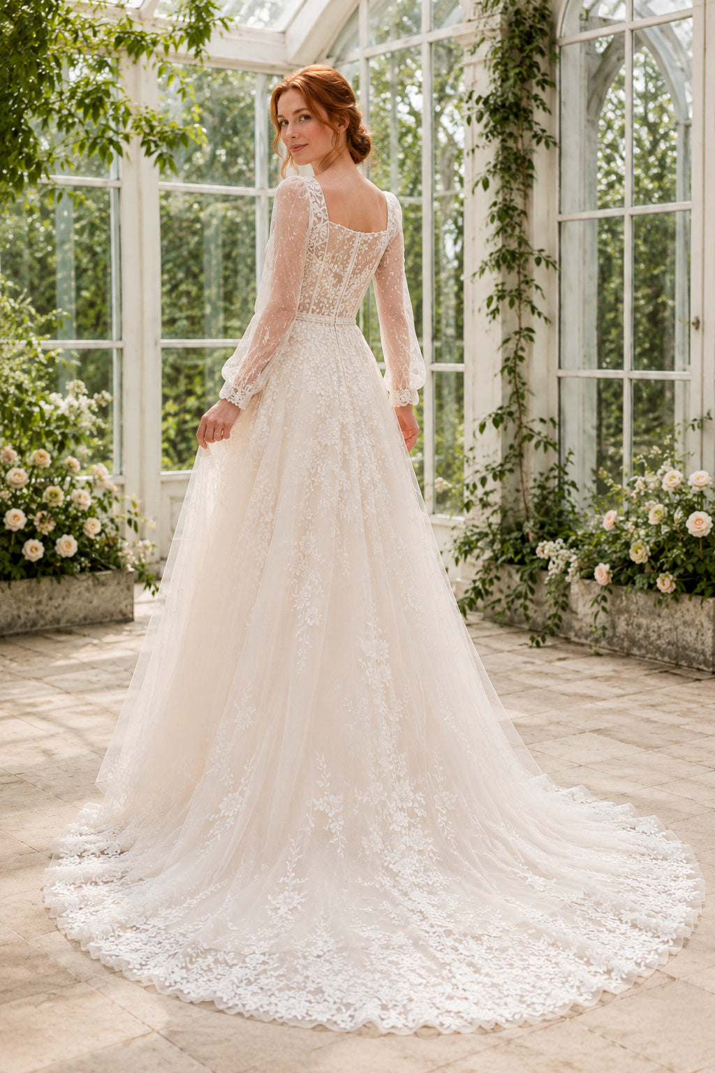 Square Neck Long Sleeve A-Line Wedding Dress with Floral Lace and Full Train for Beach Garden Ceremony back view