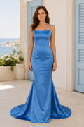 Sky Blue Spaghetti Strap Sheath Satin Floor-Length Dress With V-back