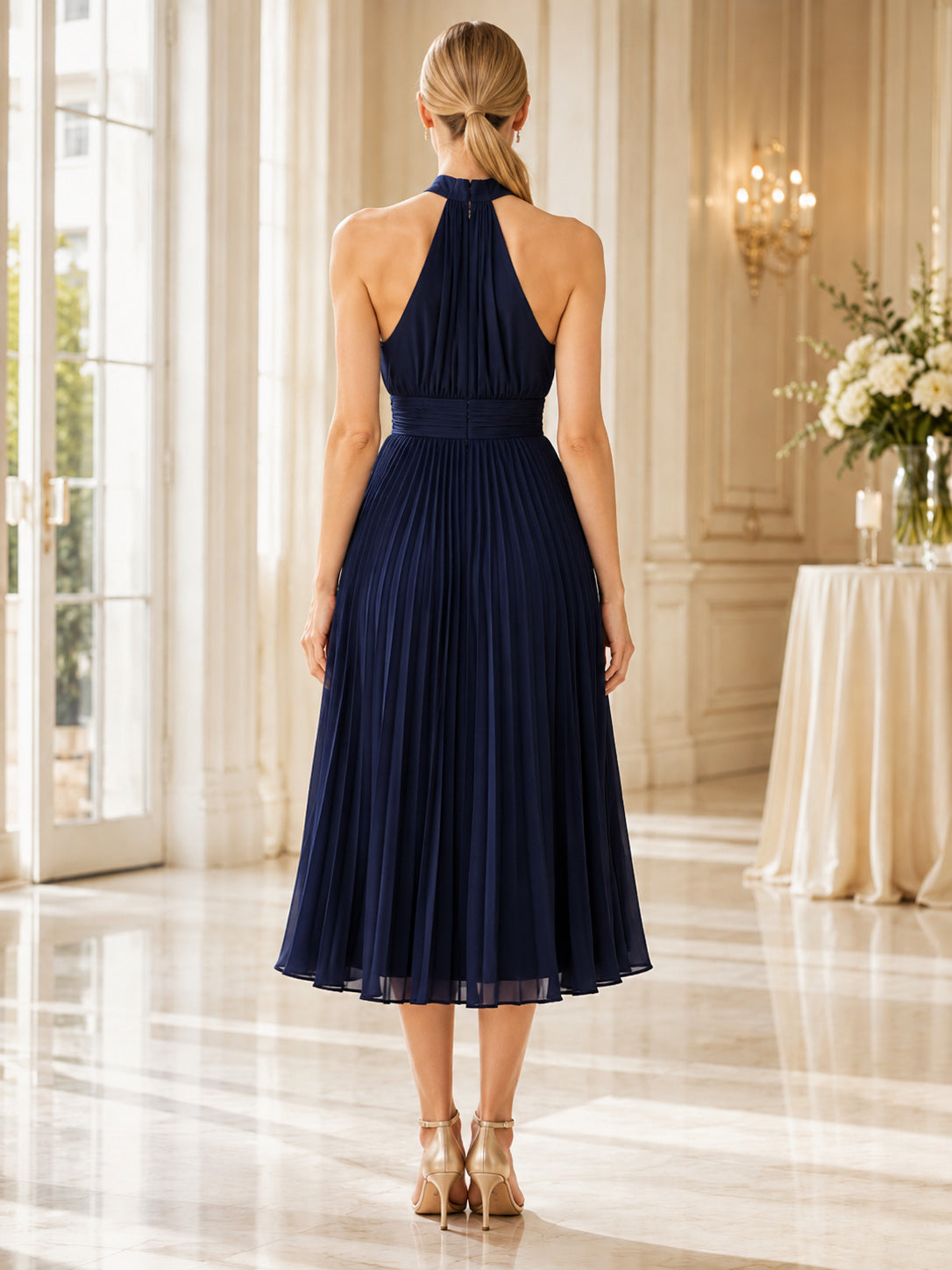 Navy Chiffon Halter Pleated Tea Length Banquet Dress back view
