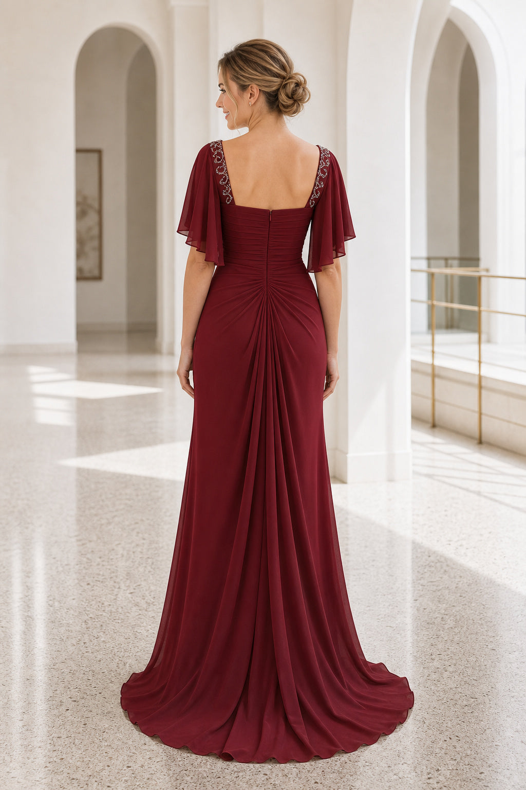 Burgundy Sweetheart Flutter Sleeve Sheath Chiffon Floor-Length Dress With Flower Applique