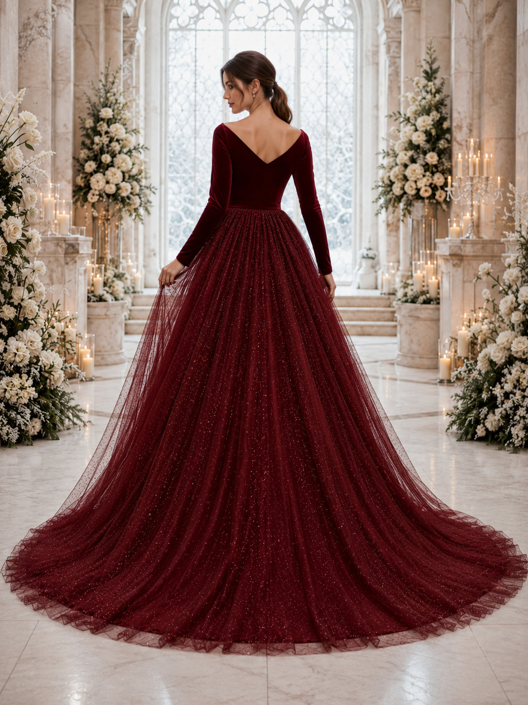 Burgundy Red Long Sleeve Sparkle Tulle Ball Gown Wedding Dress back view