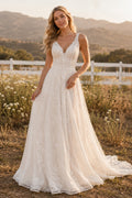 Boho V-Neck Strap A-Line Wedding Dress with Lace Appliques and Sweep Train for Rustic Garden Ceremony front view