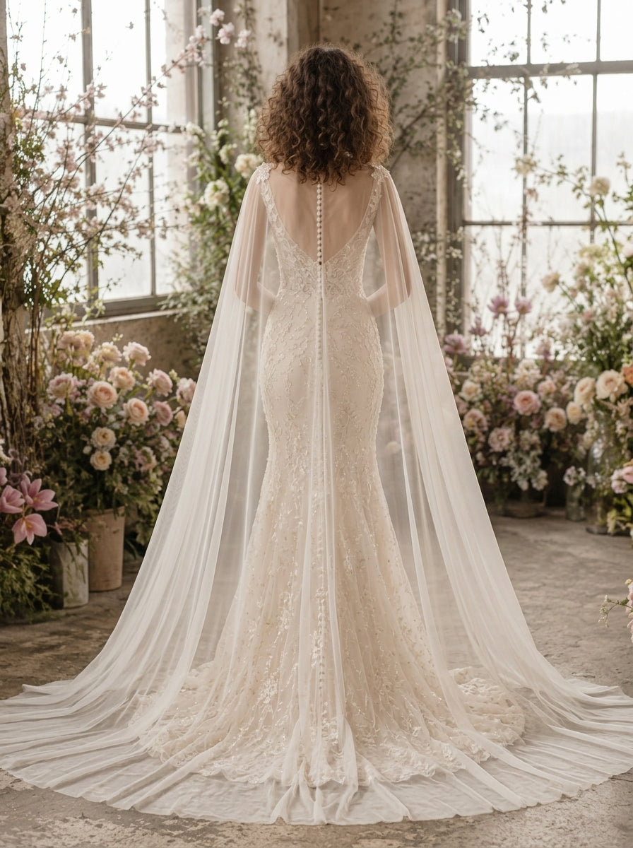 Champagne V-Neck Lace Mermaid Wedding Dress with Cape Sleeves back view