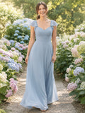 Light blue V neck flutter sleeve chiffon A-line gown front view