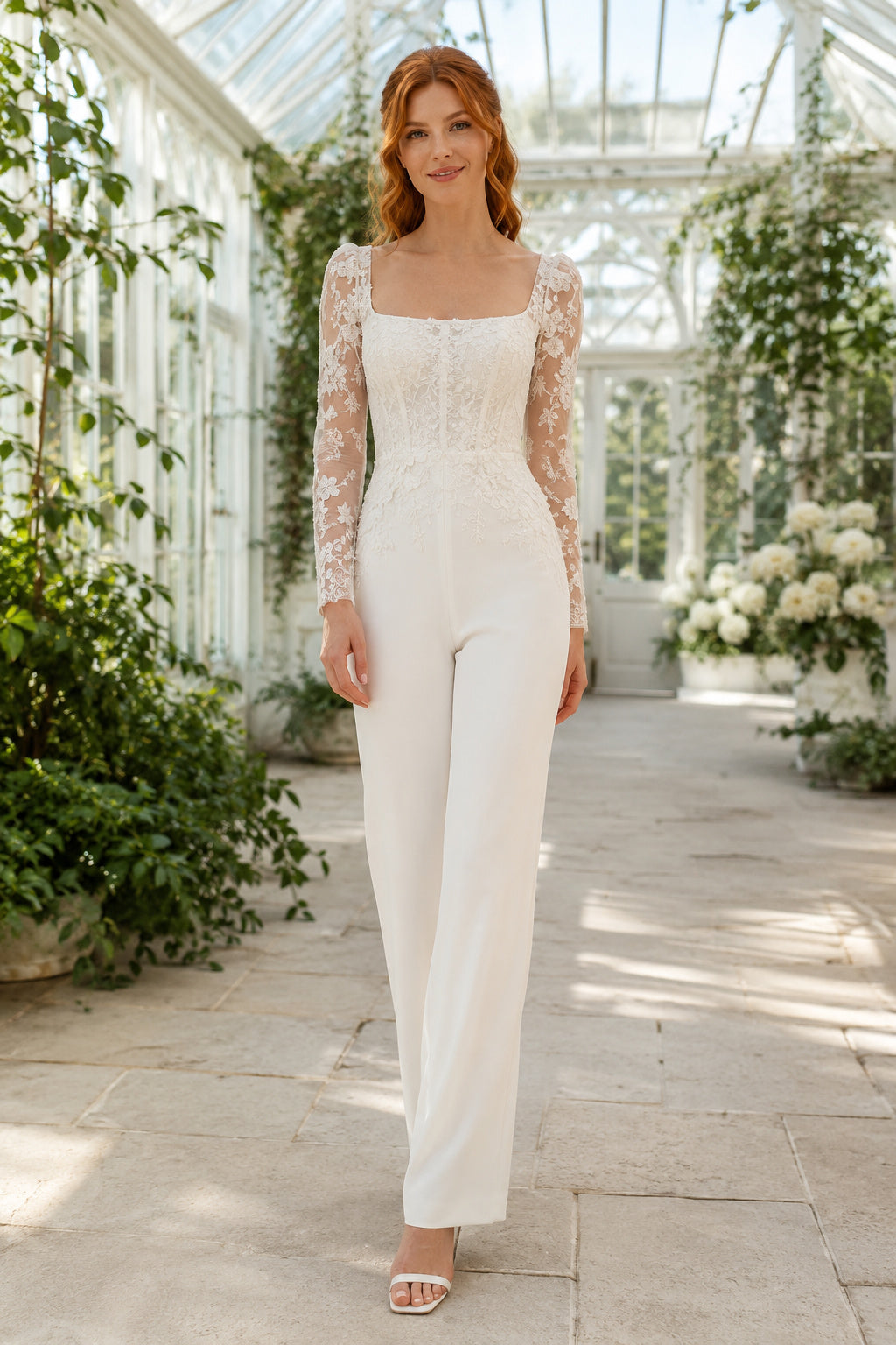 Long Sleeve Lace Bodice Bridal Jumpsuit with Square Neckline front view