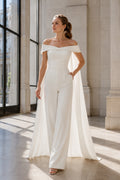 White Off-the-Shoulder Bridal Jumpsuit with Cape Train front view