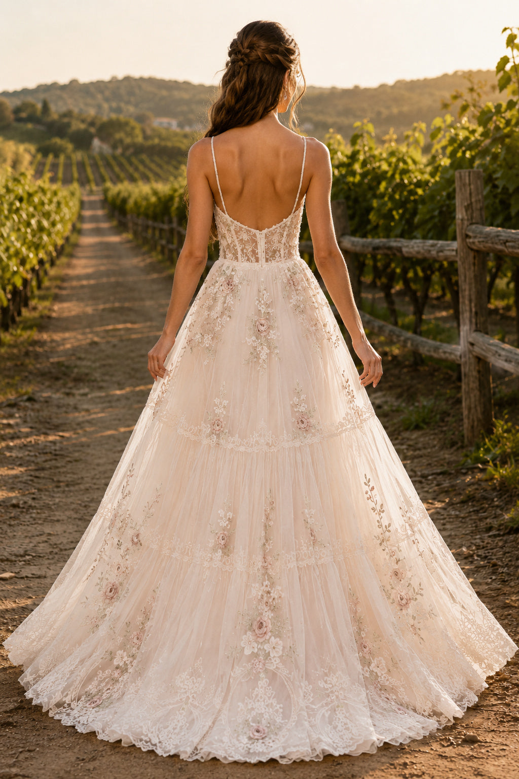 Blushing Pink Spaghetti Strap A-Line Wedding Dress with Floral Appliques and Tiered Skirt back view