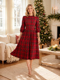 Red Plaid Three Quarter Sleeve Midi Christmas Photo Dress front view