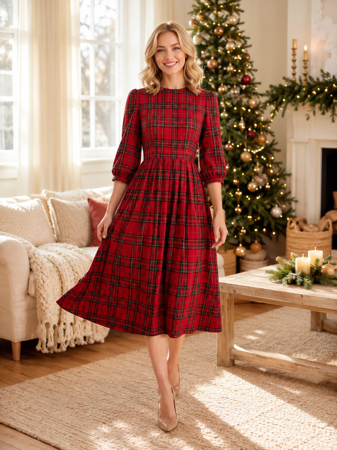Red Plaid Three Quarter Sleeve Midi Christmas Photo Dress front view