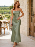 Sage cowl neck satin slip ankle length guest dress front view