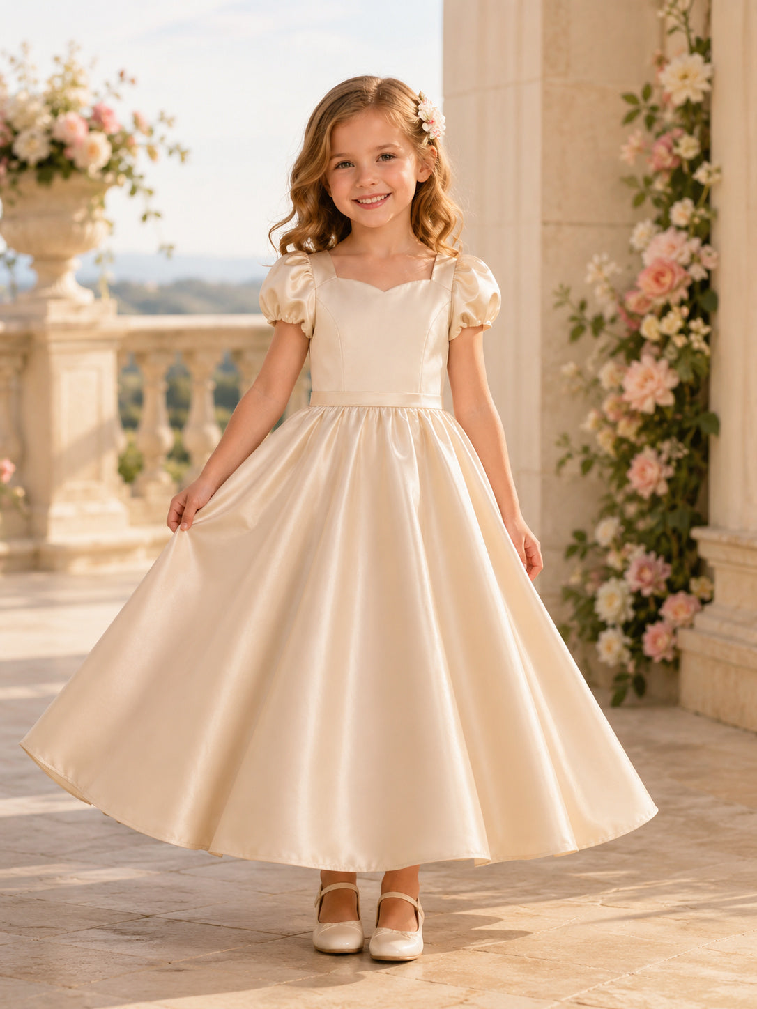 Champagne Bow Back Satin A-Line Flower Girl Dress with Jewel Neck, Cap Sleeves, and Tea-length Skirt front view