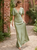 Sage V-neck flutter sleeve satin floor length bridesmaid dress front view