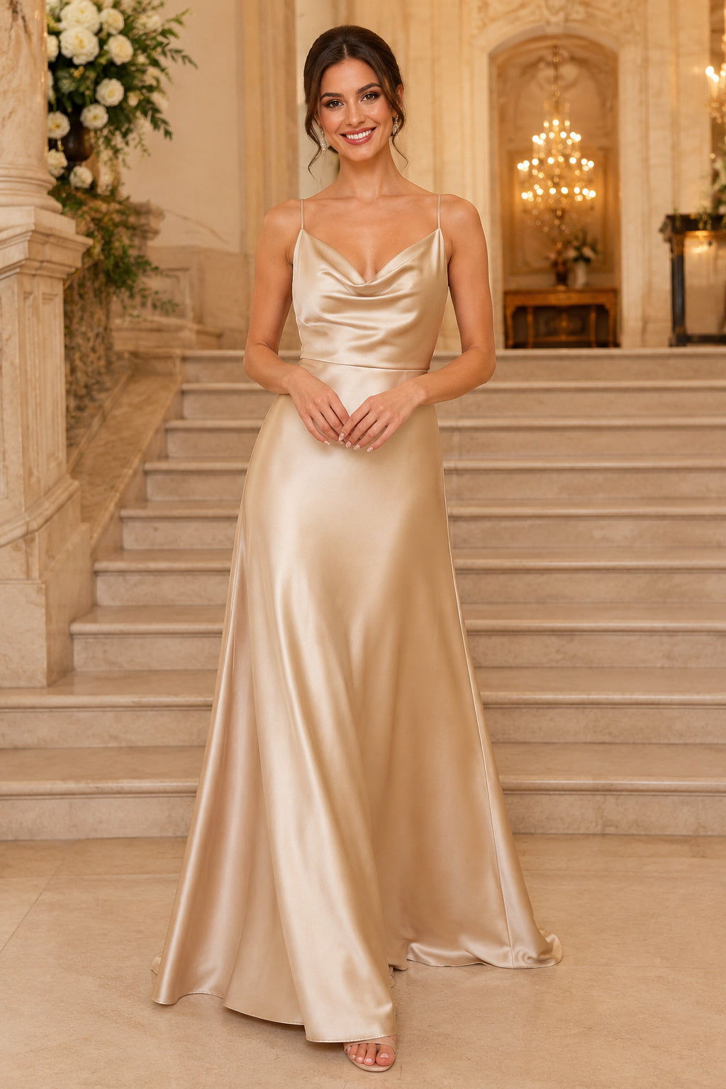 Champagne Cowl Neck Charmeuse Sheath Formal Dress with Spaghetti Straps and Low Back front view