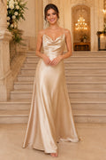 Champagne Cowl Neck Charmeuse Sheath Formal Dress with Spaghetti Straps and Low Back front view