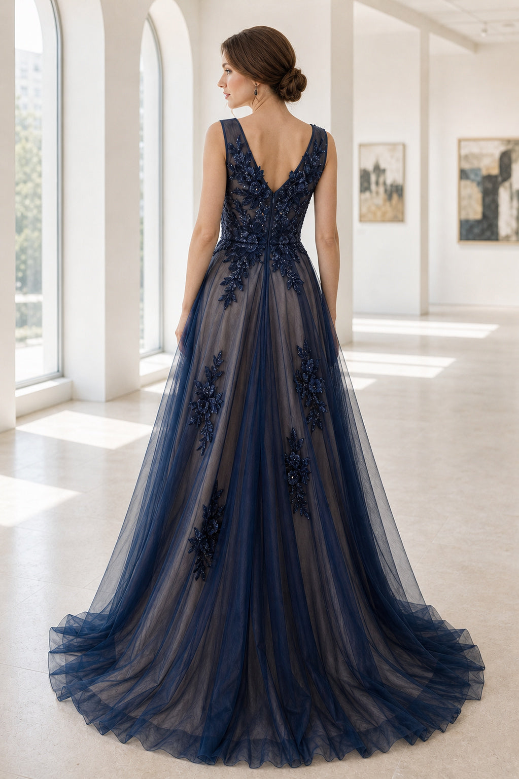 Navy V-neck A-Line Tulle Floor-length Formal Dress With Lace Appliques and Open Back