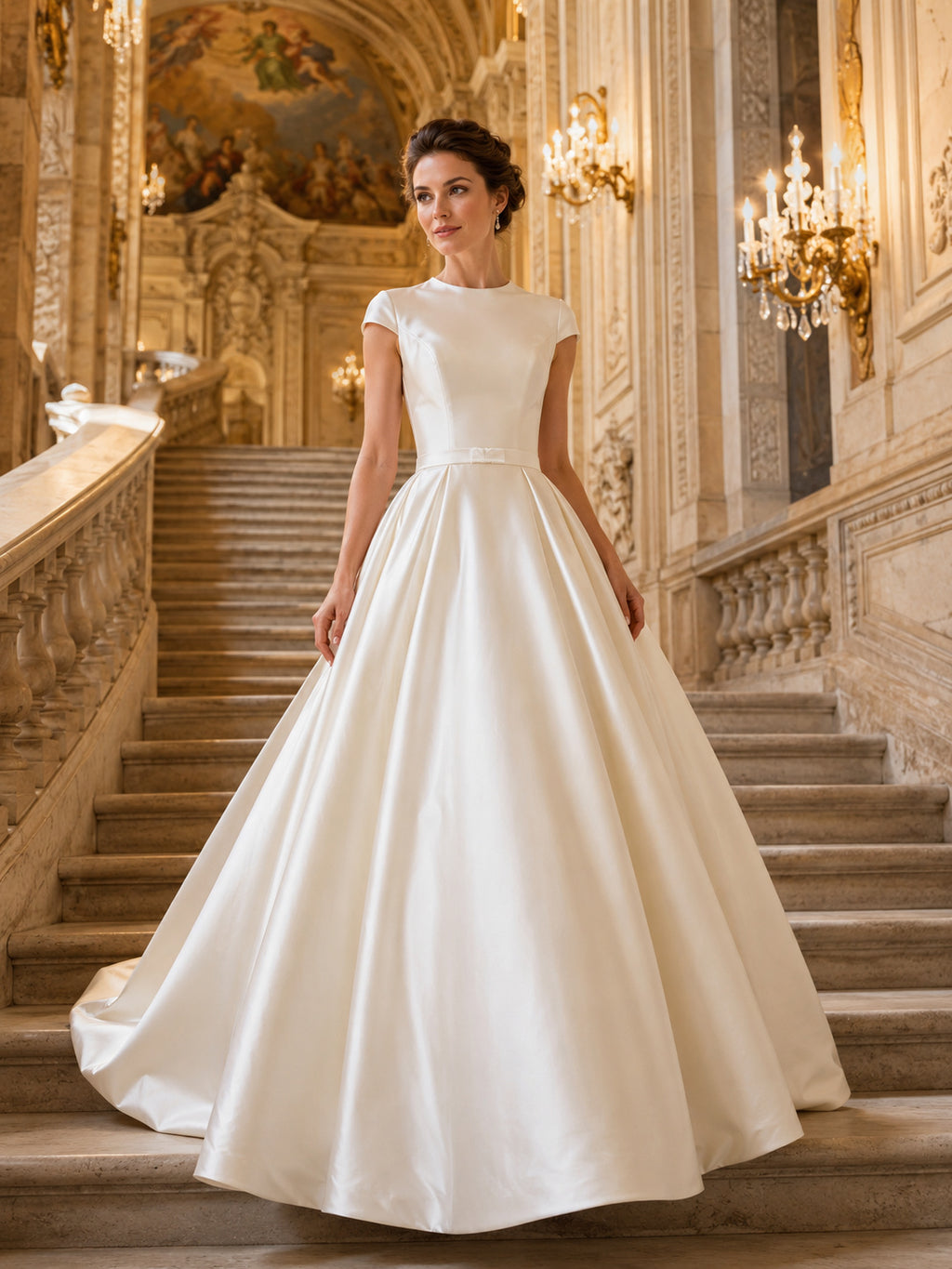 Cap Sleeve Satin Bateau Ball Gown Wedding Dress With Keyhole front view