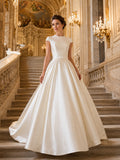 Cap Sleeve Satin Bateau Ball Gown Wedding Dress With Keyhole front view