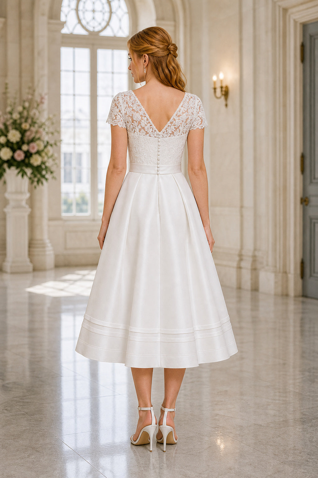 White Illusion Cap Sleeves Mermaid Satin, Lace Tea-length Wedding Dress With Lace