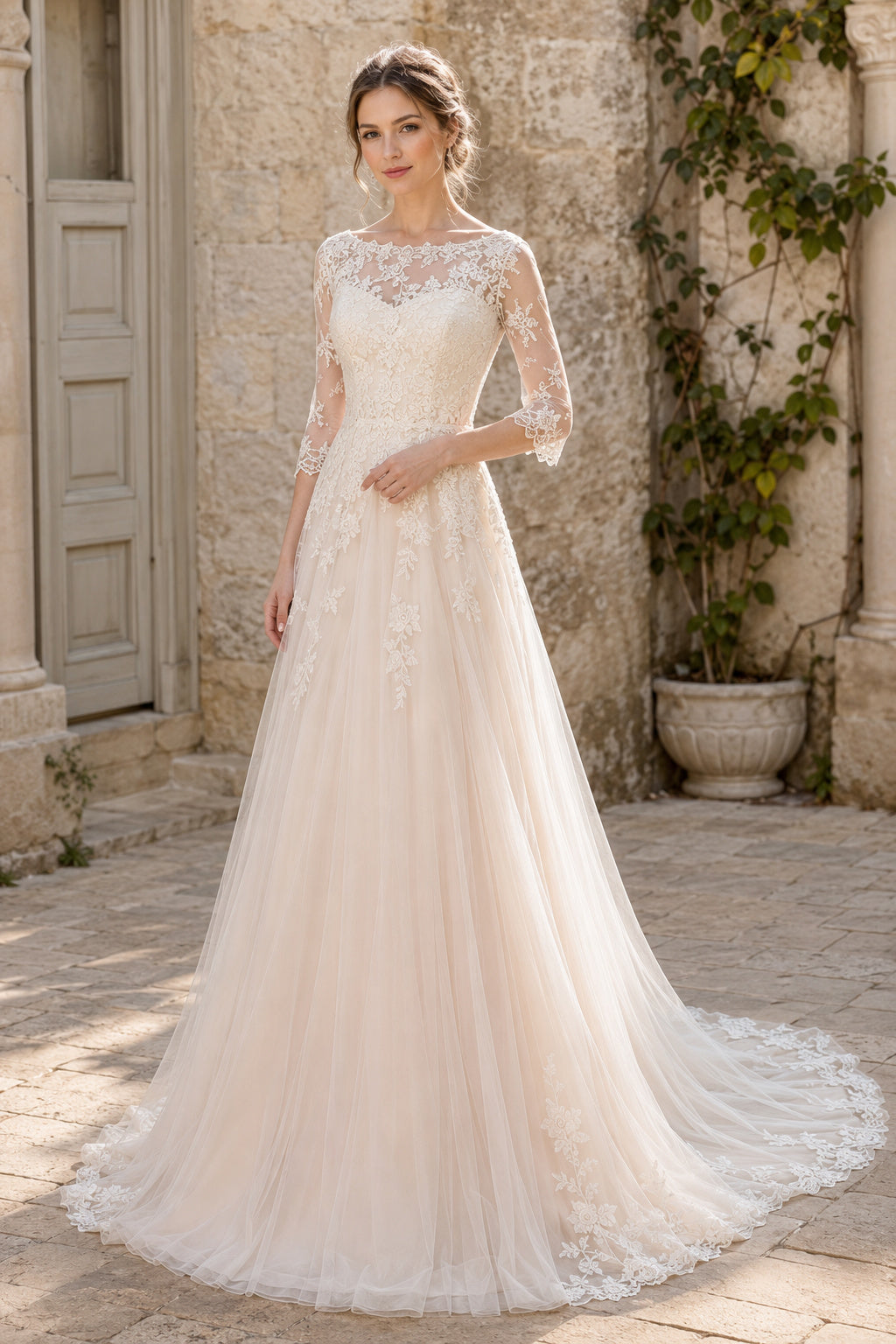 Bateau Three Quarter Sleeve A-Line Wedding Dress with Lace Bodice and Tulle Train front view