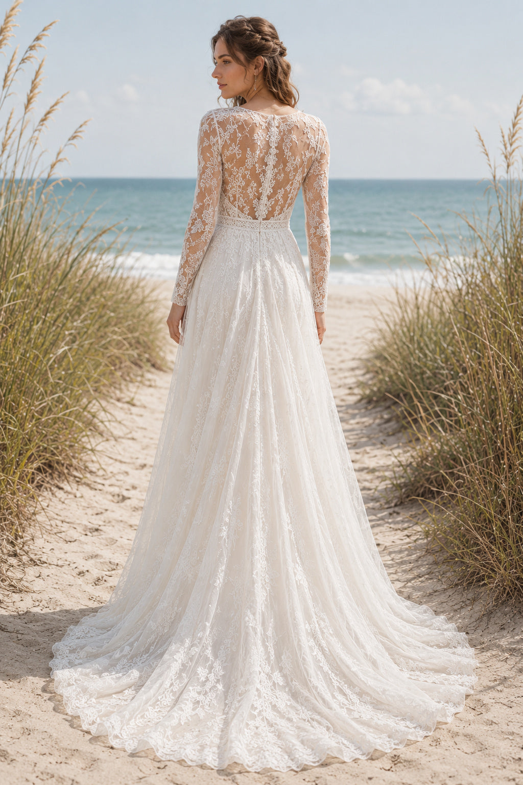 Ivory Bateau Long Sleeve Illusion Lace A-Line Wedding Dress Train for Bridal Ceremony and Reception back view