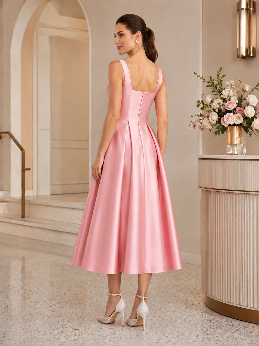 Candy Pink Square Neck Straps Satin Tea Length Wedding Reception Dress back view