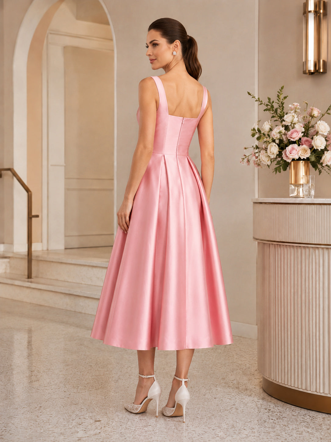 Candy Pink Square Neck Straps Satin Tea Length Wedding Reception Dress back view