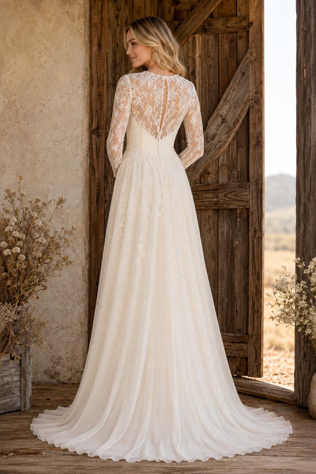 Ivory Romantic Sweetheart Illusion A-Line Chiffon Lace Wedding Dress with Long Lace Sleeves and Sweep Train back view