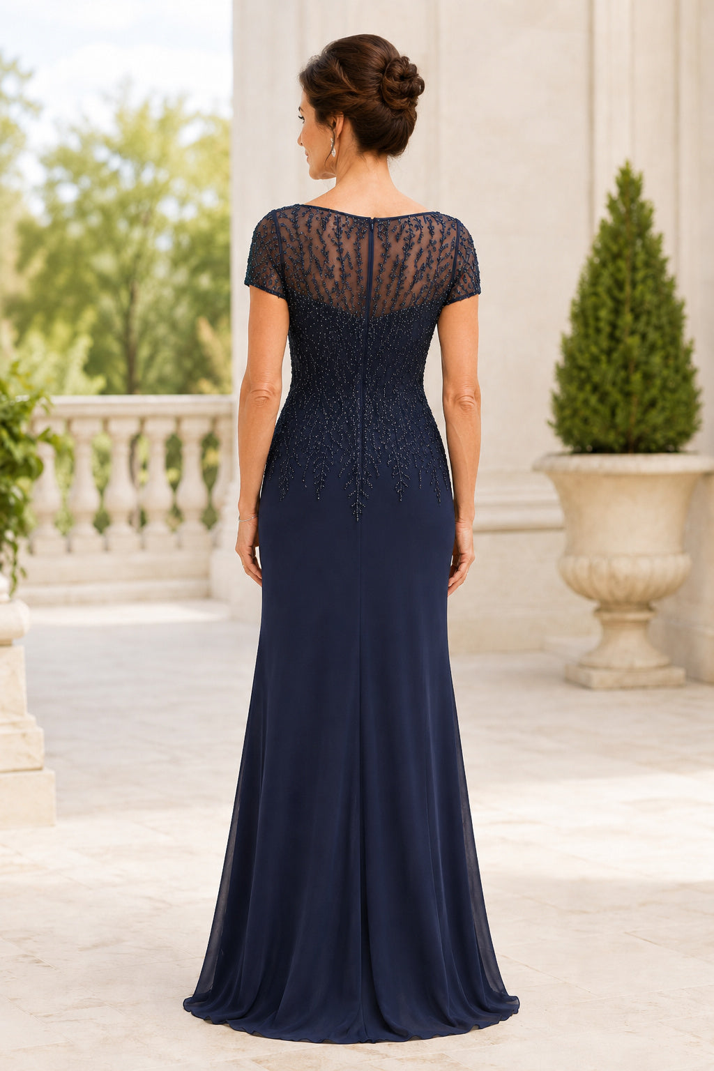 Dark Navy Short Sleeve Mermaid Mother Dress with Beaded Illusion Bodice back view