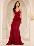 Red Crystal Strap Crepe Mermaid Evening Dress front view