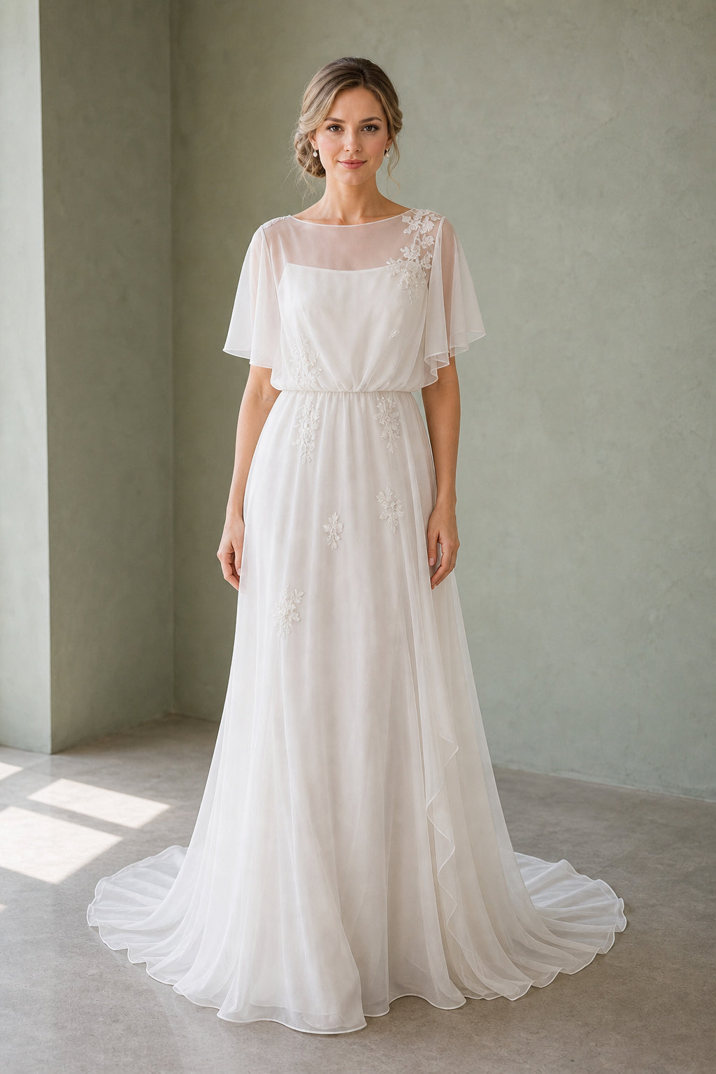 White Sweetheart A-Line Crepe Floor-length Wedding Dress With Beaded Waist and Floral Appliques and Open Back
