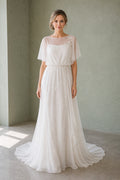 White Sweetheart A-Line Crepe Floor-length Wedding Dress With Beaded Waist and Floral Appliques and Open Back