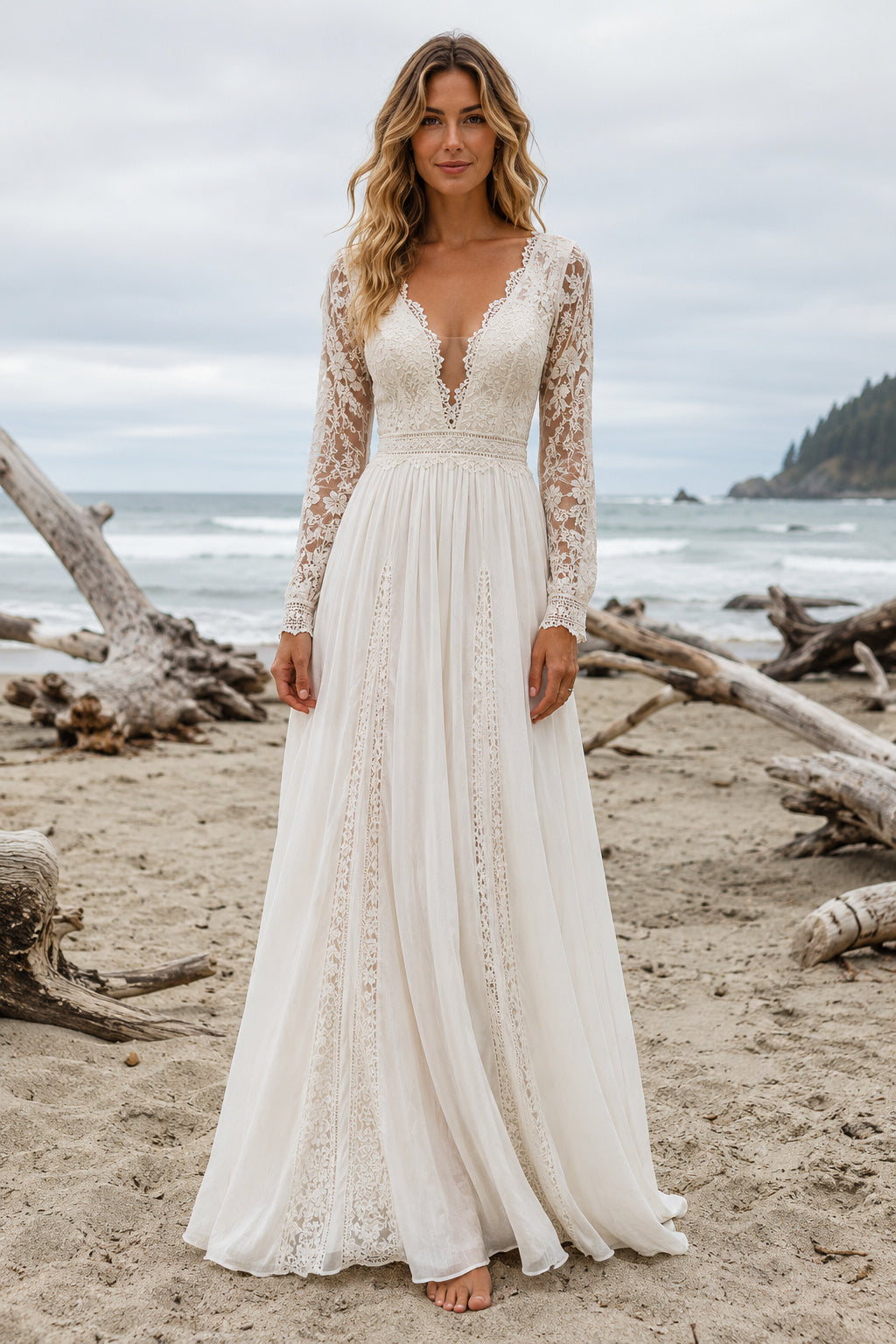 Ivory V-Neck Long Sleeve Lace A-Line Wedding Dress with Simple Chiffon Skirt front view