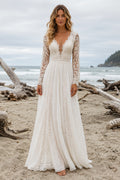 Ivory V-Neck Long Sleeve Lace A-Line Wedding Dress with Simple Chiffon Skirt front view