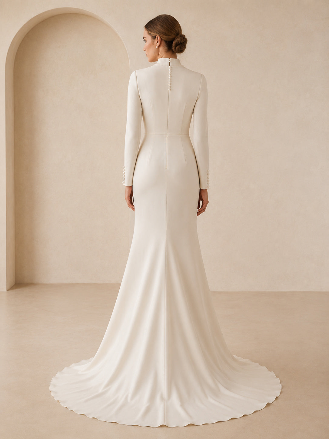 Champagne Draped High Neck Long Sleeve Sheath Bridal Gown back view