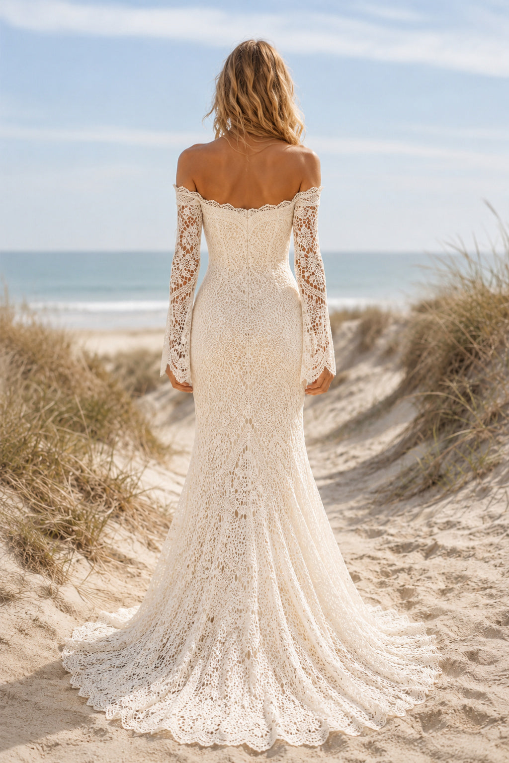 Ivory Off Shoulder Bell Sleeve Lace Mermaid Wedding Dress for Wedding Ceremony and Reception Style MG_701474 back view