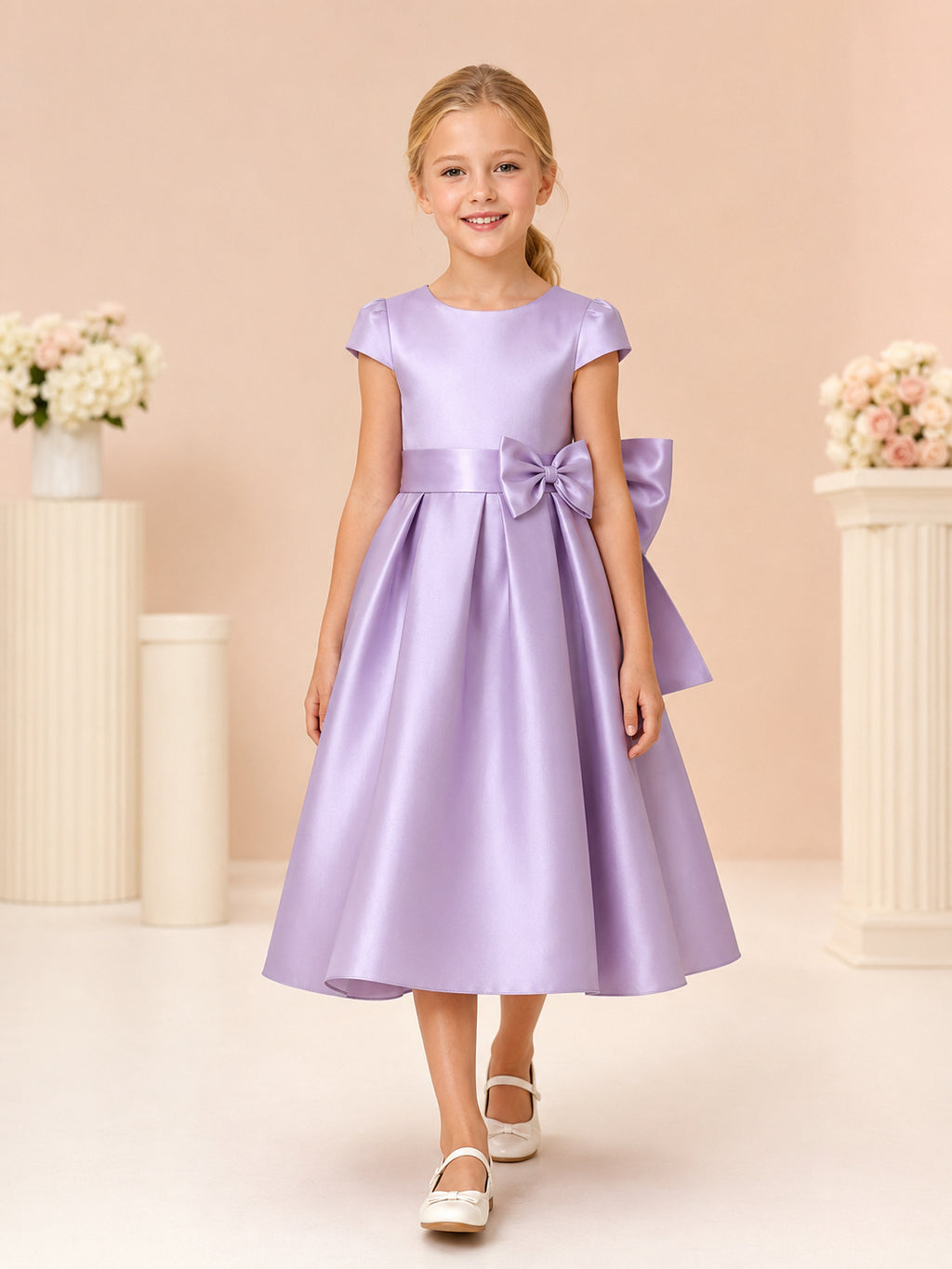 Lavender Satin Bateau Cap Sleeve Bow A-Line Tea-Length Flower Girl Dress front view