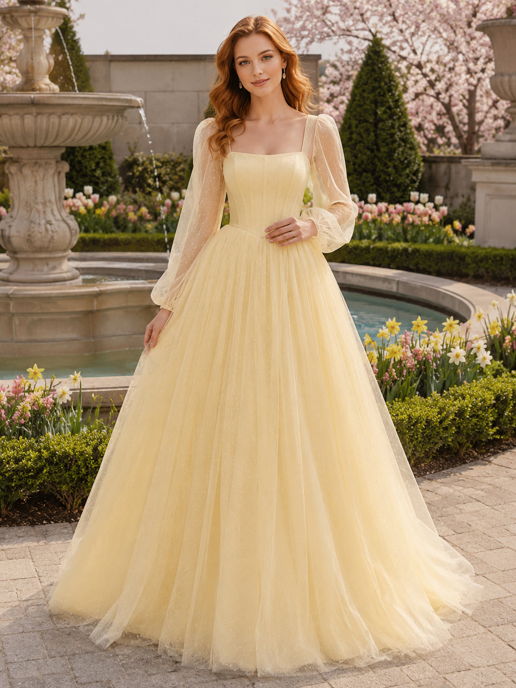 Yellow Sheer Sleeve Tulle Fountain Garden Bridal Gown front view