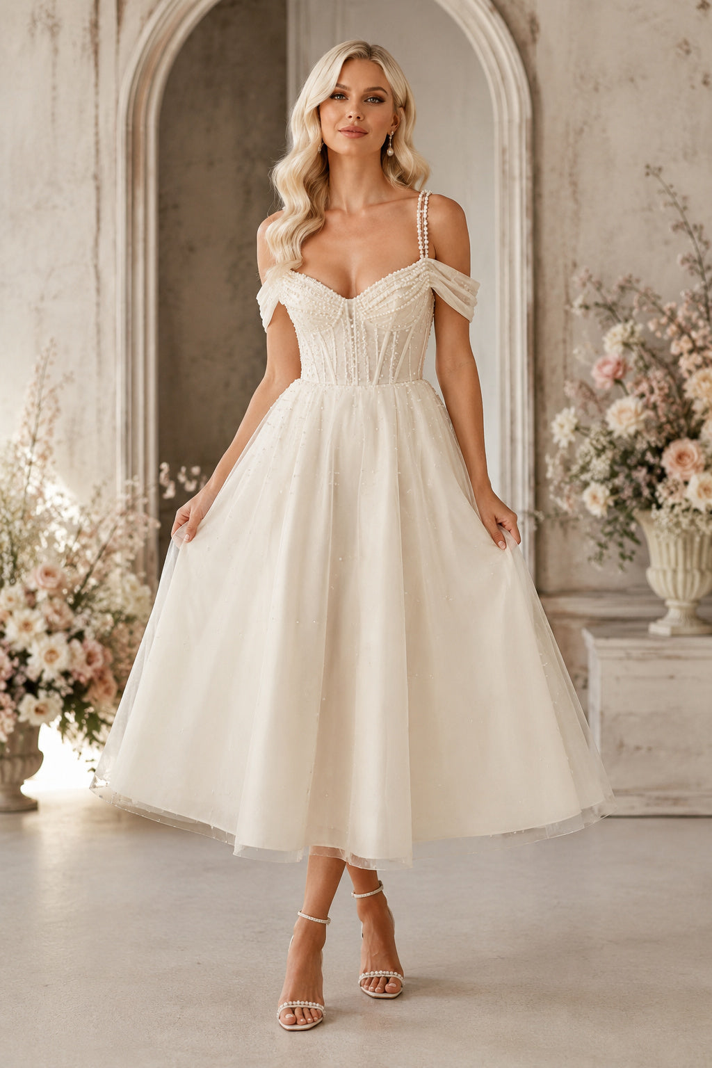 Ivory Sweetheart Cold-Shoulder Off-Shoulder Sleeve Lace Tulle Tea-Length Wedding Dress with Draped Sleeves and Satin Midi Ski