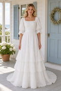 White V-neck A-Line Chiffon Floor-length Wedding Dress With Beaded Waist and Floral Appliques and Open Back