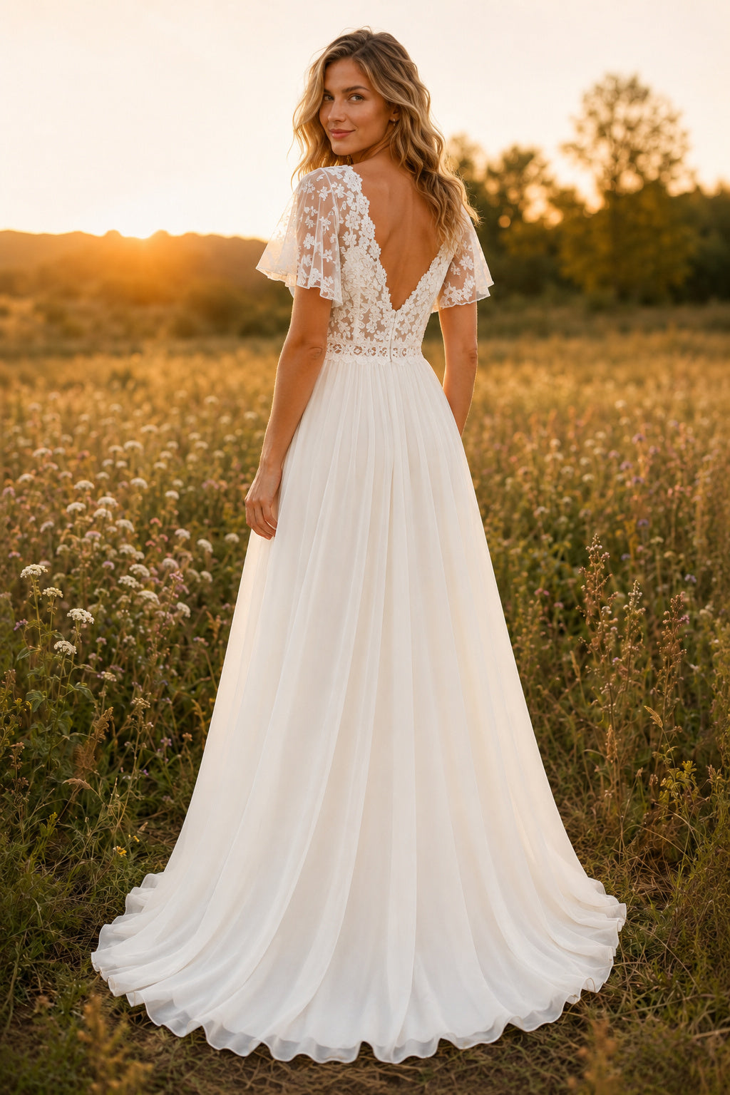 Flutter Sleeve V-Neck A-Line Wedding Dress with Chiffon Skirt and Soft Train for Beach Garden Ceremony Style MG_701273 back v