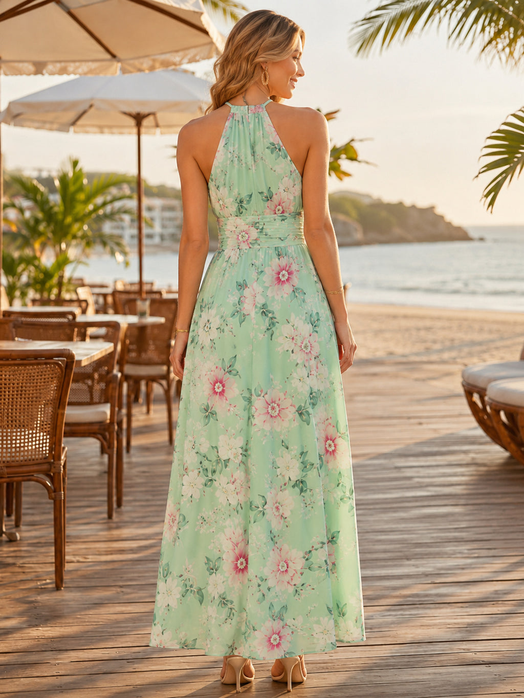 Mint Floral Halter Neck Beach Vacation Maxi Dress back view