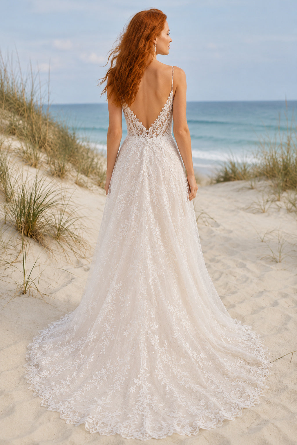 Ivory Spaghetti V-Neck Lace Tulle A-Line Wedding Dress Split Front for Wedding Ceremony and Reception back view