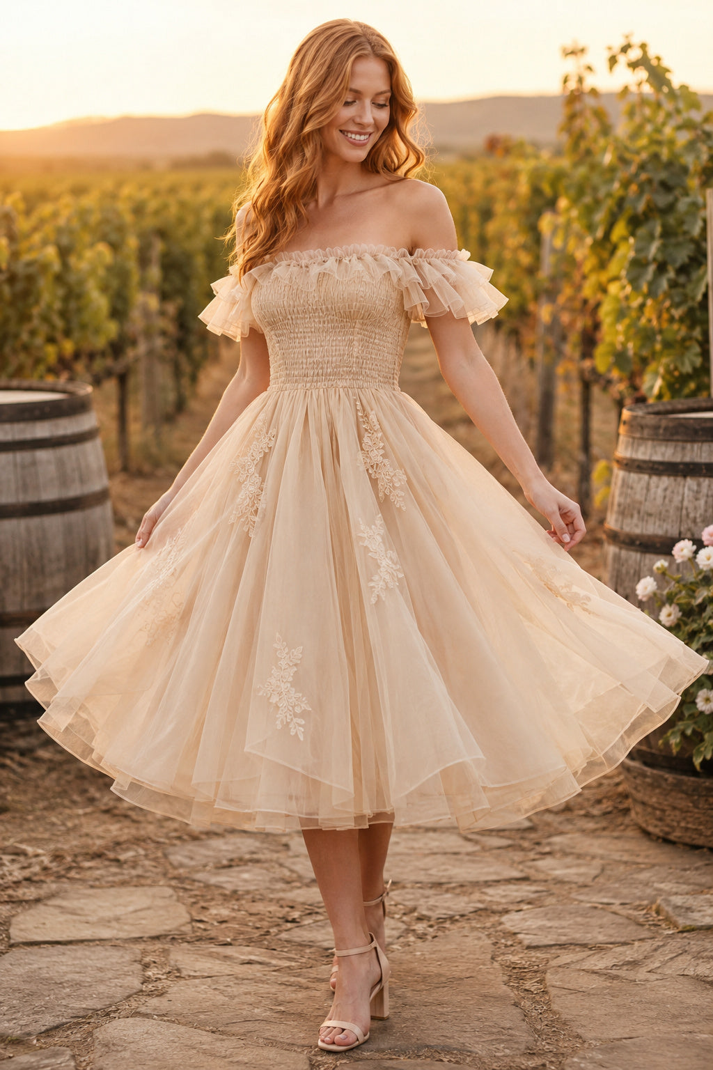 Champagne Off Shoulder Puff Sleeve Smocked Bodice with Tulle Skirt Tea Length A-Line Homecoming Dress front view