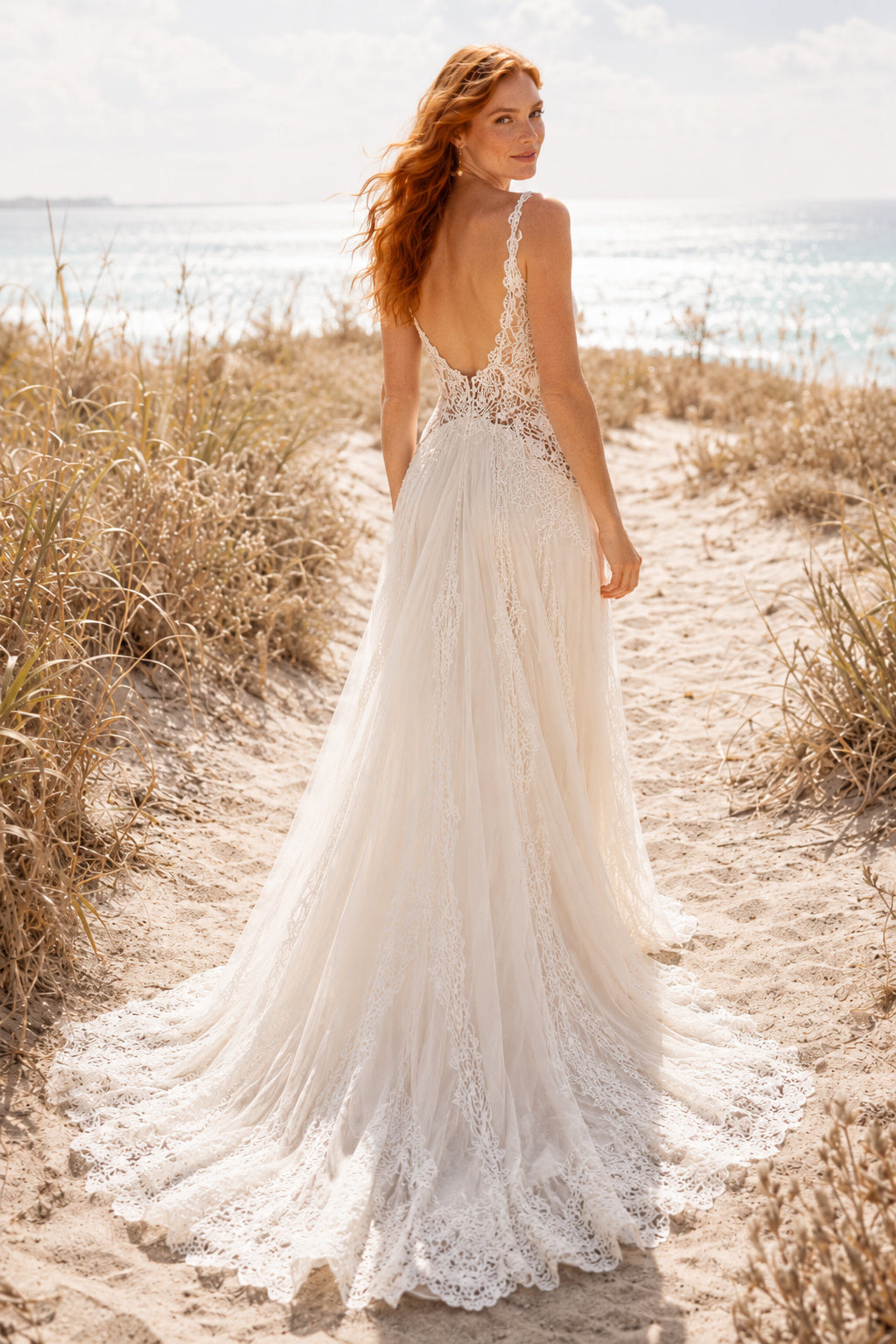 Ivory Spaghetti Strap Plunging V-Neck Boho Wedding Dress with Low Back and Lace Train back view