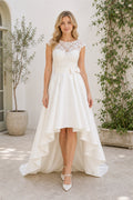 White Bateau A-Line Satin High-low Dress With Lace and High-Low Hem