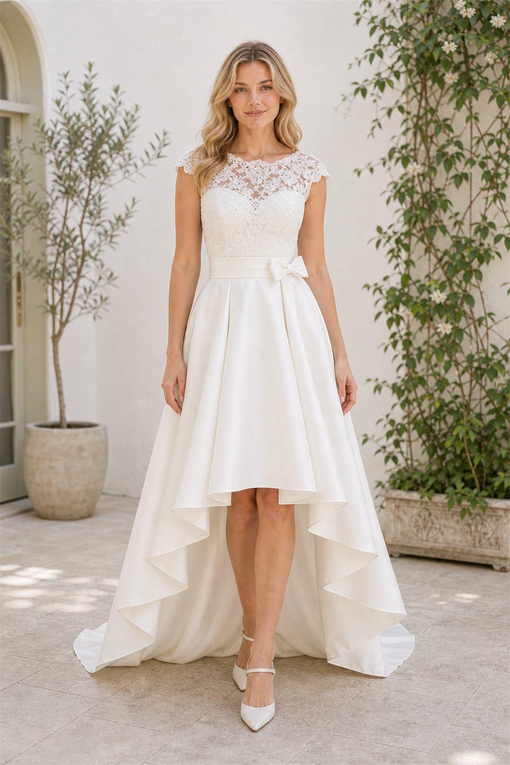 White Bateau A-Line Satin High-low Dress With Lace and High-Low Hem
