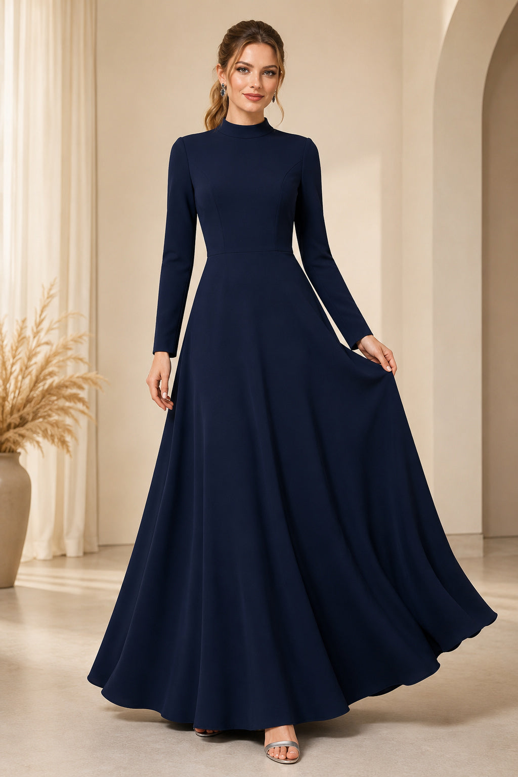 Evening Gown Dark Navy Chiffon A-Line High Neck Long Sleeve Floor Length front view