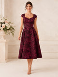 Burgundy Floral Jacquard Square Neck Cap Sleeve A Line Occasion Dress front view