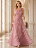 Dusty Rose Cowl Neck Draped Chiffon Formal Dress front view